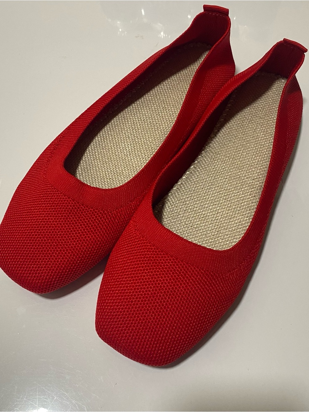 Women's Red Knit Square-Toe Ballet Flats